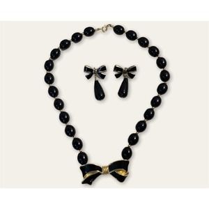 70s 80s vintage black beaded enamel bow necklace earring set Trifari